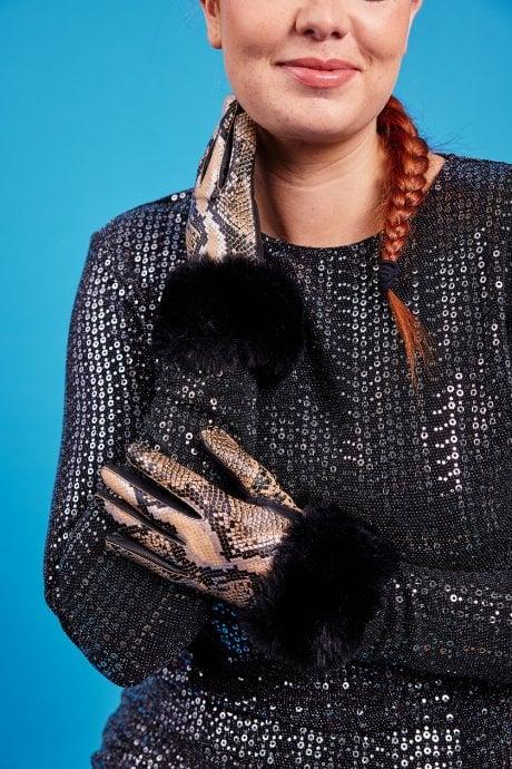JAYLEY Mocha Leather Snake Print Effect Gloves with Faux Fur Cuff