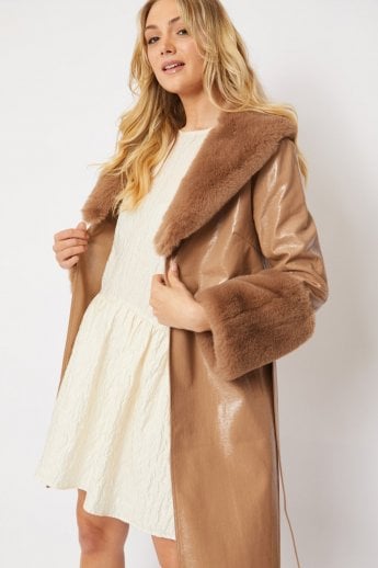 JAYLEY Mocha Luxury Faux Leather Aubrey Coat With Detachable Faux Fur Cuffs & Collar