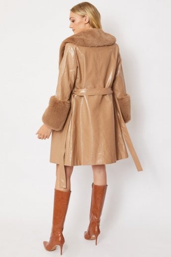 JAYLEY Mocha Luxury Faux Leather Aubrey Coat With Detachable Faux Fur Cuffs & Collar