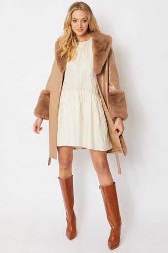 JAYLEY Mocha Luxury Faux Leather Aubrey Coat With Detachable Faux Fur Cuffs & Collar