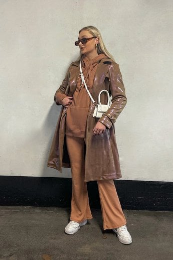 JAYLEY Mocha Metallic Faux Suede Trench Coat