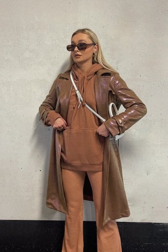 JAYLEY Mocha Metallic Faux Suede Trench Coat