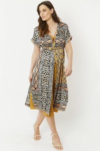JAYLEY Mocha Mixed Animal Print Silk Blend Tie-Waist Kimono