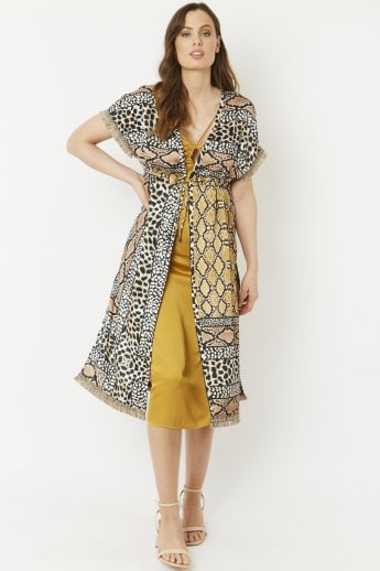 JAYLEY Mocha Mixed Animal Print Silk Blend Tie-Waist Kimono