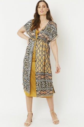 JAYLEY Mocha Mixed Animal Print Silk Blend Tie-Waist Kimono