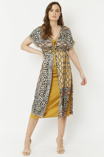 JAYLEY Mocha Mixed Animal Print Silk Blend Tie-Waist Kimono