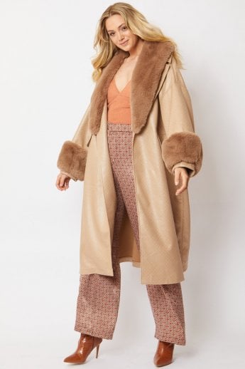 JAYLEY Mocha Oversized Faux Suede Jacket With Detachable Faux Fur Cuffs & Collar