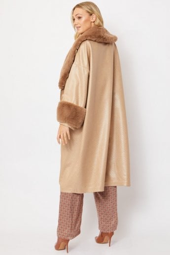 JAYLEY Mocha Oversized Faux Suede Jacket With Detachable Faux Fur Cuffs & Collar