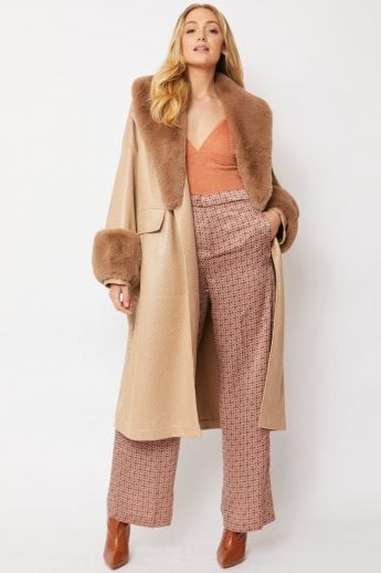 JAYLEY Mocha Oversized Faux Suede Jacket With Detachable Faux Fur Cuffs & Collar