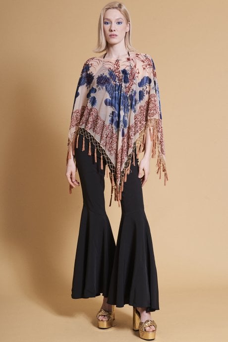 JAYLEY Mocha Patterned Silk Devore Poncho