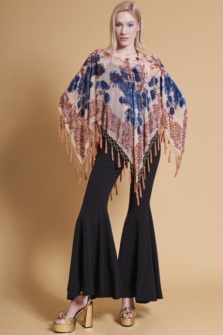 JAYLEY Mocha Patterned Silk Devore Poncho