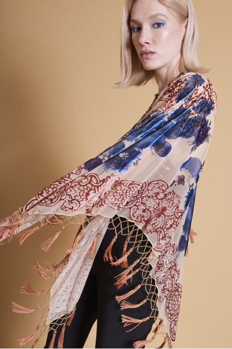 JAYLEY Mocha Patterned Silk Devore Poncho