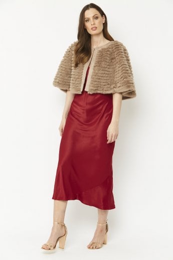JAYLEY Mocha Ribbed Faux Fur Cropped Cape