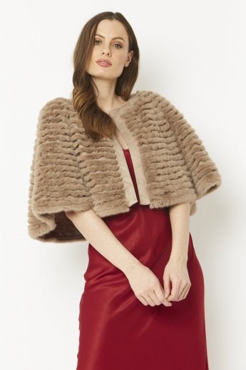 JAYLEY Mocha Ribbed Faux Fur Cropped Cape