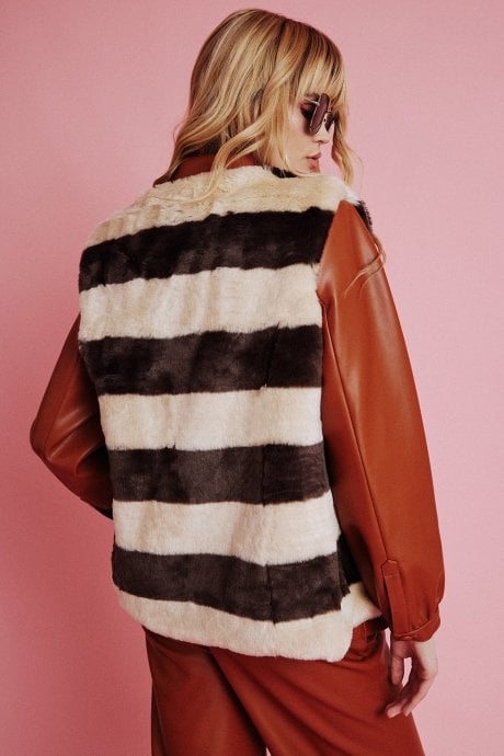 JAYLEY Mocha Striped Faux Fur Gilet | Waistcoat