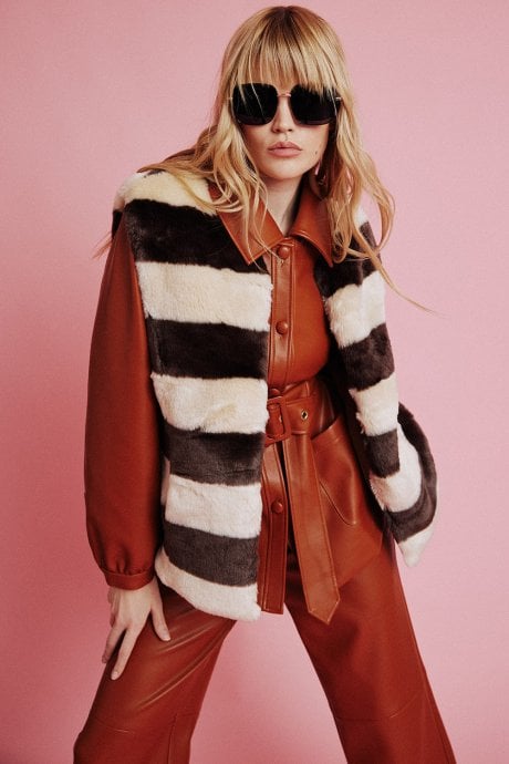 JAYLEY Mocha Striped Faux Fur Gilet | Waistcoat