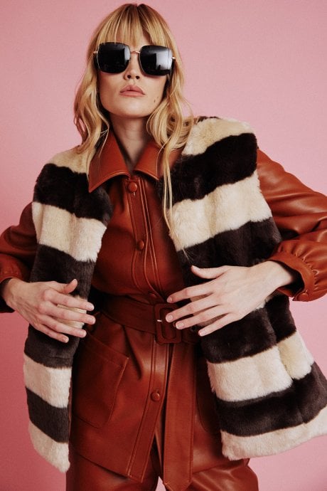 JAYLEY Mocha Striped Faux Fur Gilet | Waistcoat