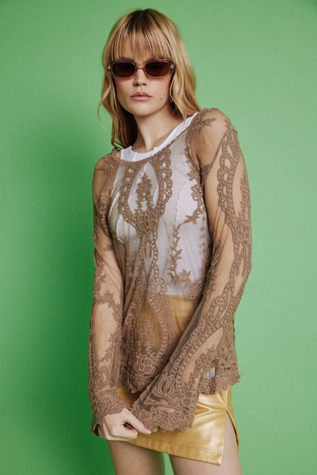 JAYLEY Mocha Vintage Inspired Lace Long Sleeved Top
