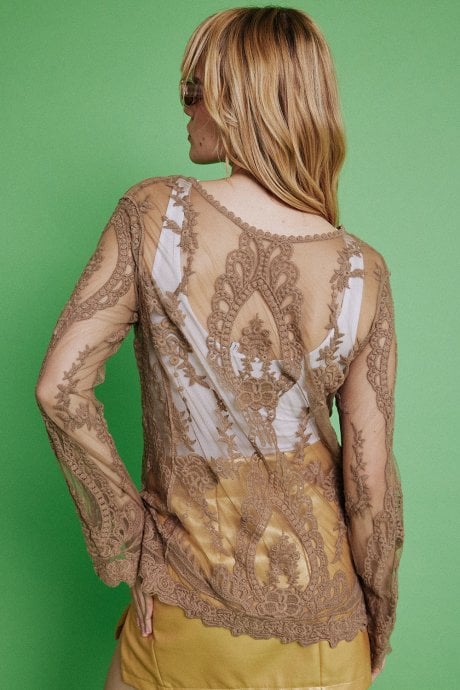 JAYLEY Mocha Vintage Inspired Lace Long Sleeved Top