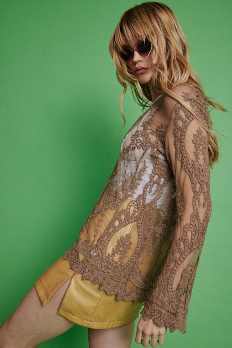 JAYLEY Mocha Vintage Inspired Lace Long Sleeved Top