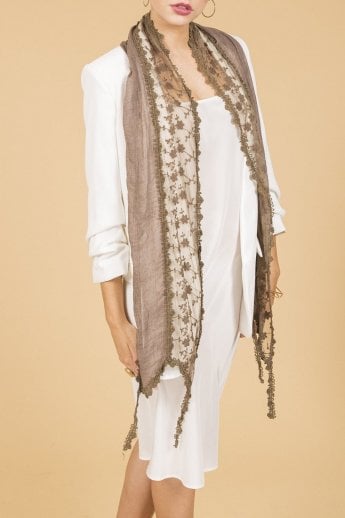JAYLEY Mocha Vintage Style Lace and Cotton Scarf