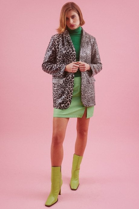 JAYLEY Mono Leopard Faux Suede Animal Print Blazer Jacket