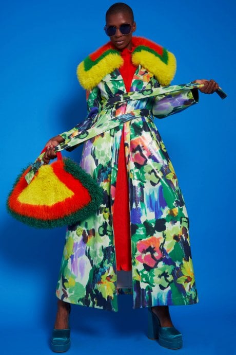 JAYLEY Multi Coloured Floral Trench Coat With Oversized Faux Fur Collar