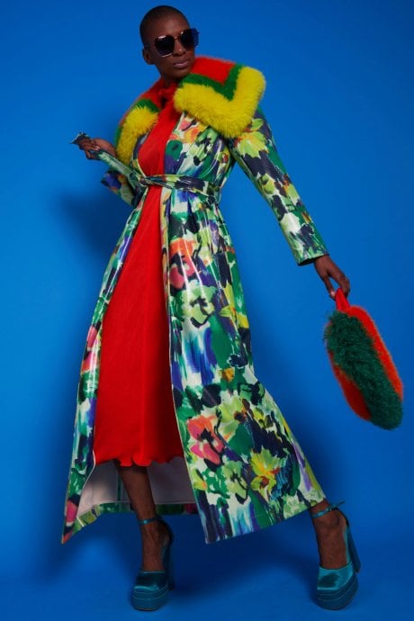 JAYLEY Multi Coloured Floral Trench Coat With Oversized Faux Fur Collar