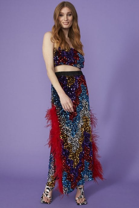 JAYLEY Multi Coloured Sequin Midi Skirt With Duel Feather Split