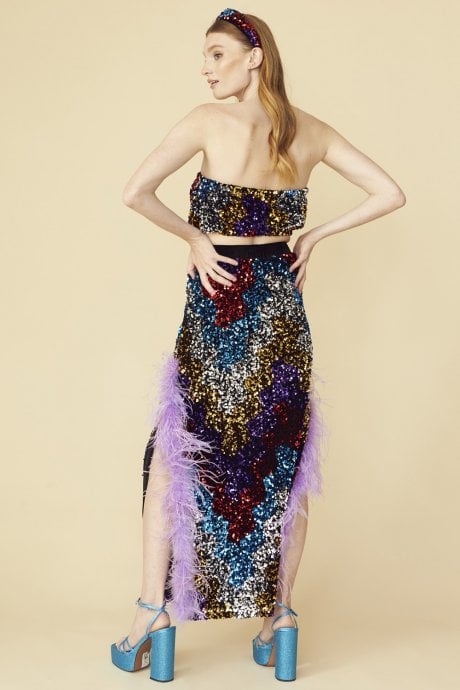 JAYLEY Multi Coloured Sequin Midi Skirt With Duel Feather Split