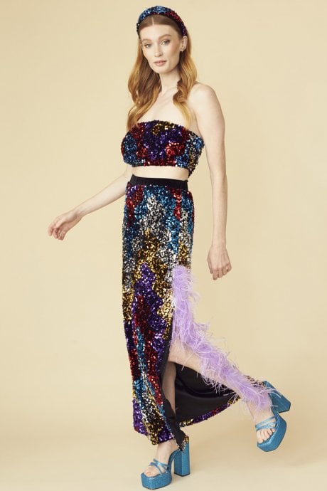 JAYLEY Multi Coloured Sequin Midi Skirt With Duel Feather Split