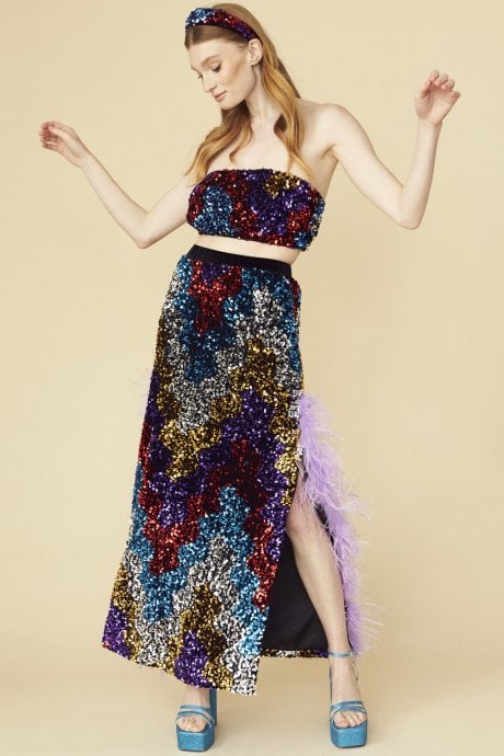 JAYLEY Multi Coloured Sequin Midi Skirt With Duel Feather Split