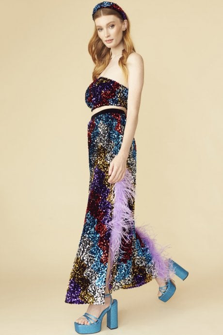 JAYLEY Multi Coloured Sequin Midi Skirt With Duel Feather Split