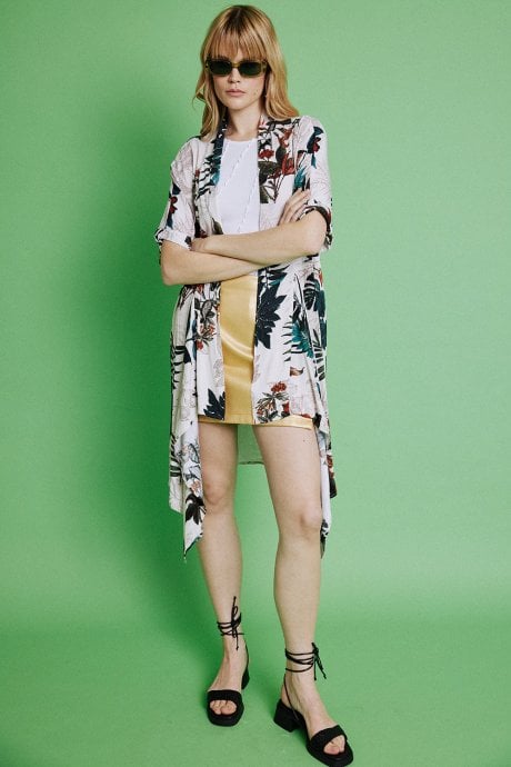JAYLEY Multi Cotton Blend Tropical Palm Print Kimono Jacket