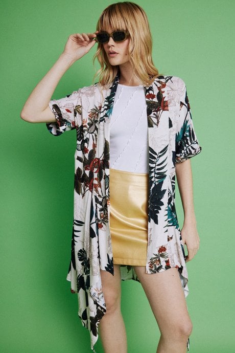 JAYLEY Multi Cotton Blend Tropical Palm Print Kimono Jacket