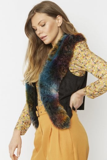 JAYLEY Multi Faux Suede Gilet | Waistcoat with Faux Fur Collar
