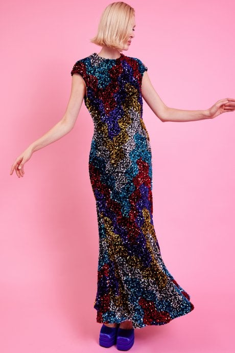 JAYLEY Multi Sequin Fish Tail Maxi Dress