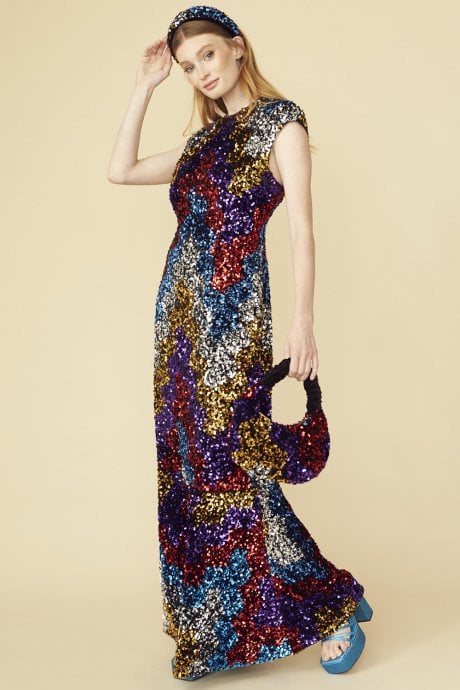JAYLEY Multi Sequin Fish Tail Maxi Dress