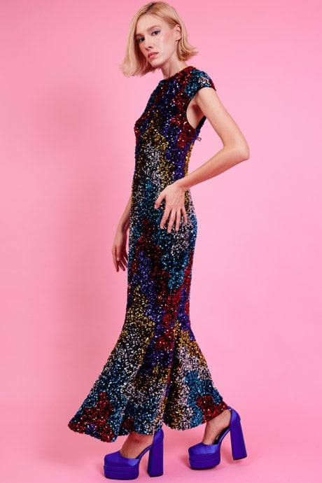 JAYLEY Multi Sequin Fish Tail Maxi Dress
