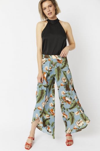 JAYLEY Multi Silk Blend Tropical Open Front Wide Leg Trousers