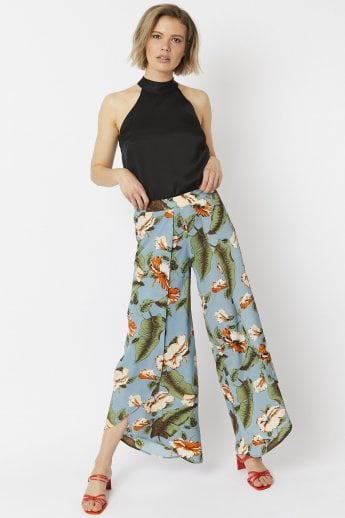 JAYLEY Multi Silk Blend Tropical Open Front Wide Leg Trousers