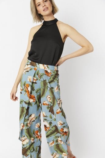 JAYLEY Multi Silk Blend Tropical Open Front Wide Leg Trousers