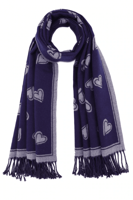 JAYLEY Navy and grey Love Hearts Tassel Reversible Cashmere Blend Scarf