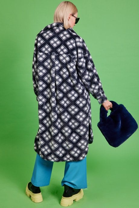 JAYLEY Navy Check Faux Shearling Coat