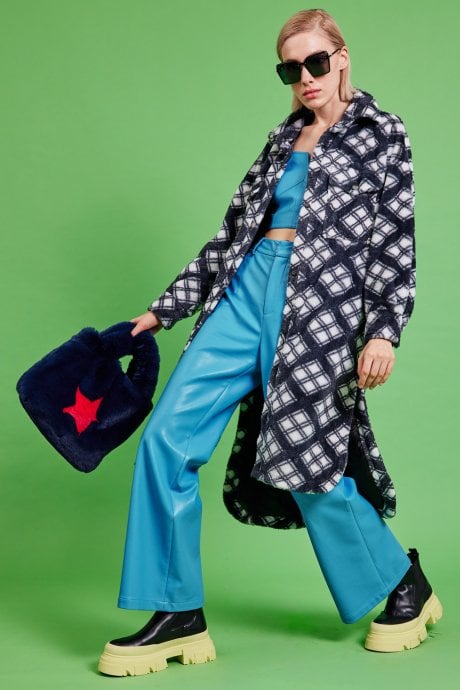 JAYLEY Navy Check Faux Shearling Coat
