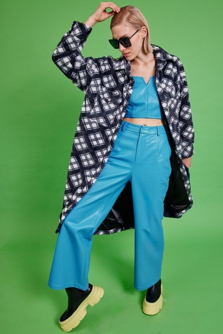 JAYLEY Navy Check Faux Shearling Coat