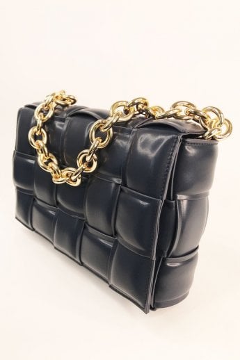 JAYLEY Navy Eco Leather Cross Woven Clutch Bag with Gold Chain