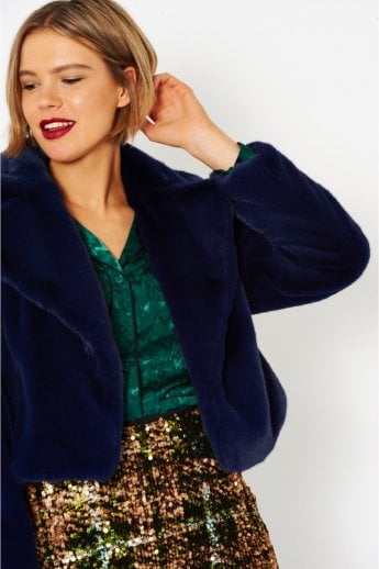 JAYLEY Navy Faux Fur Cropped Coat