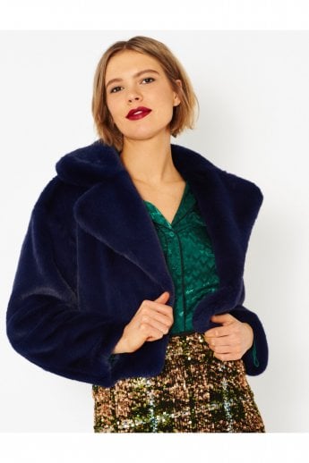 JAYLEY Navy Faux Fur Cropped Coat