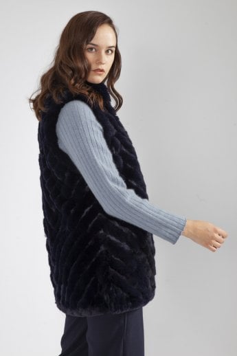 JAYLEY Navy Faux Fur Faux Suede Diagonal Striped Long Gilet | Waistcoat